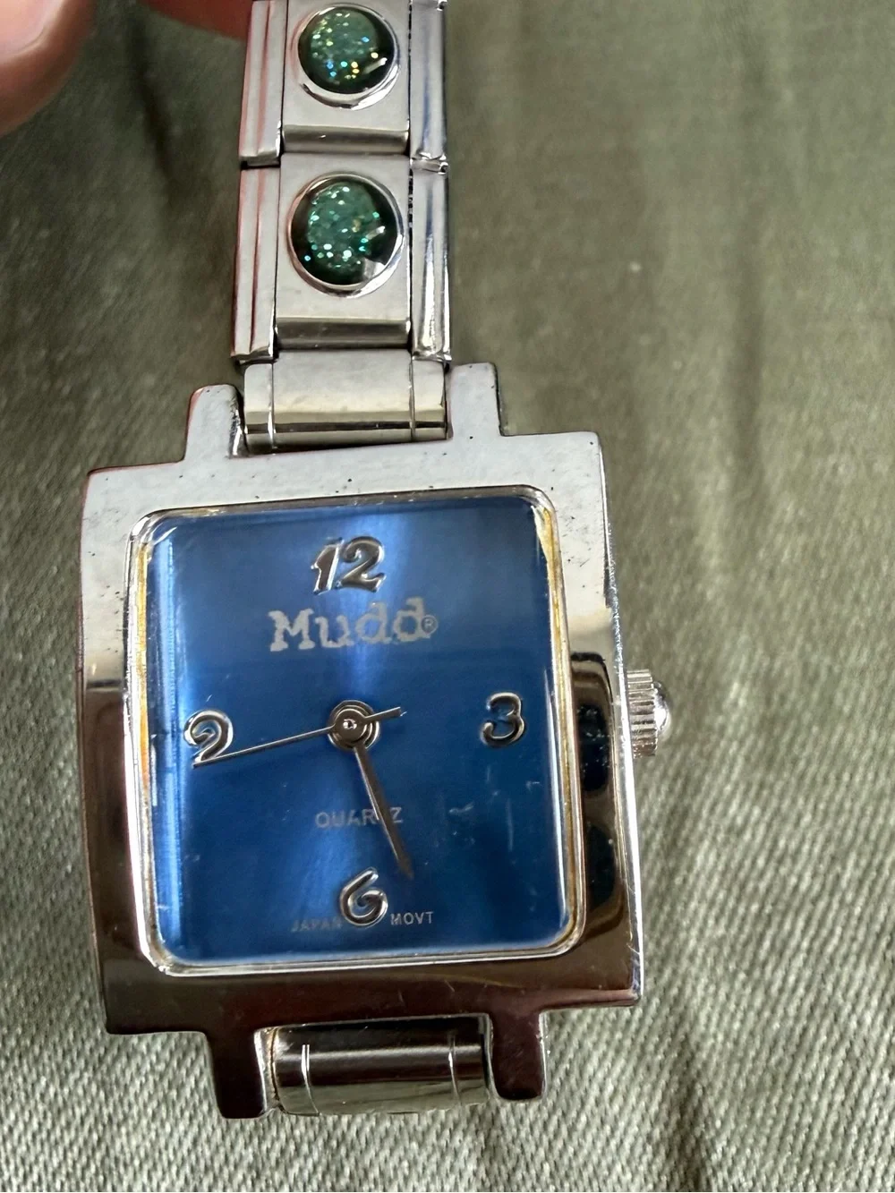 Mudd Silver-Tone Watch with Blue Dial and Green Accent